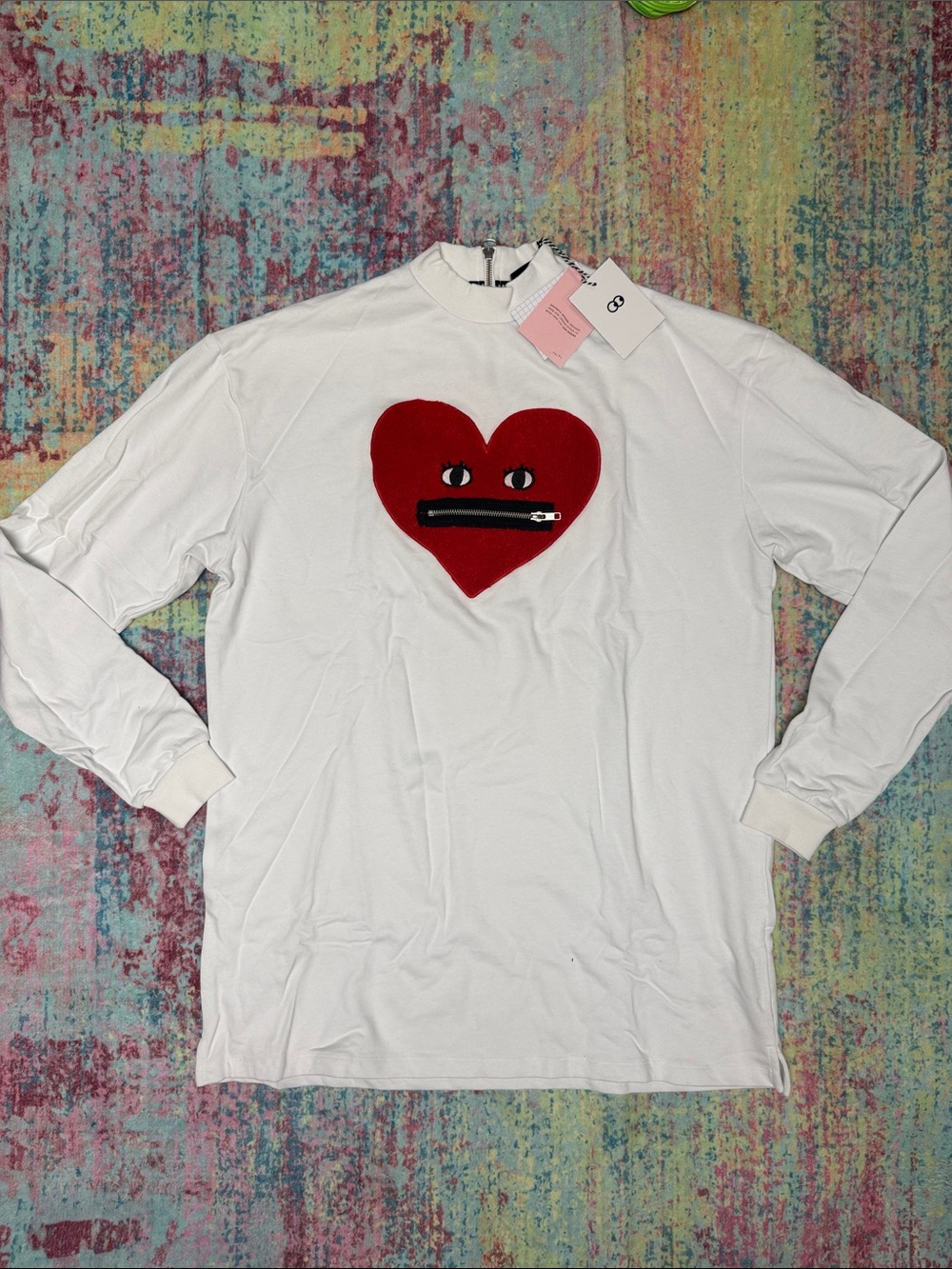 Lazy Oaf White Long-Sleeve Tee with Red Heart Zip Motif